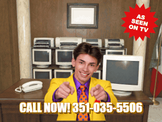 TV commercial: Pekko in his office changing pose, call now 351-035-5506
