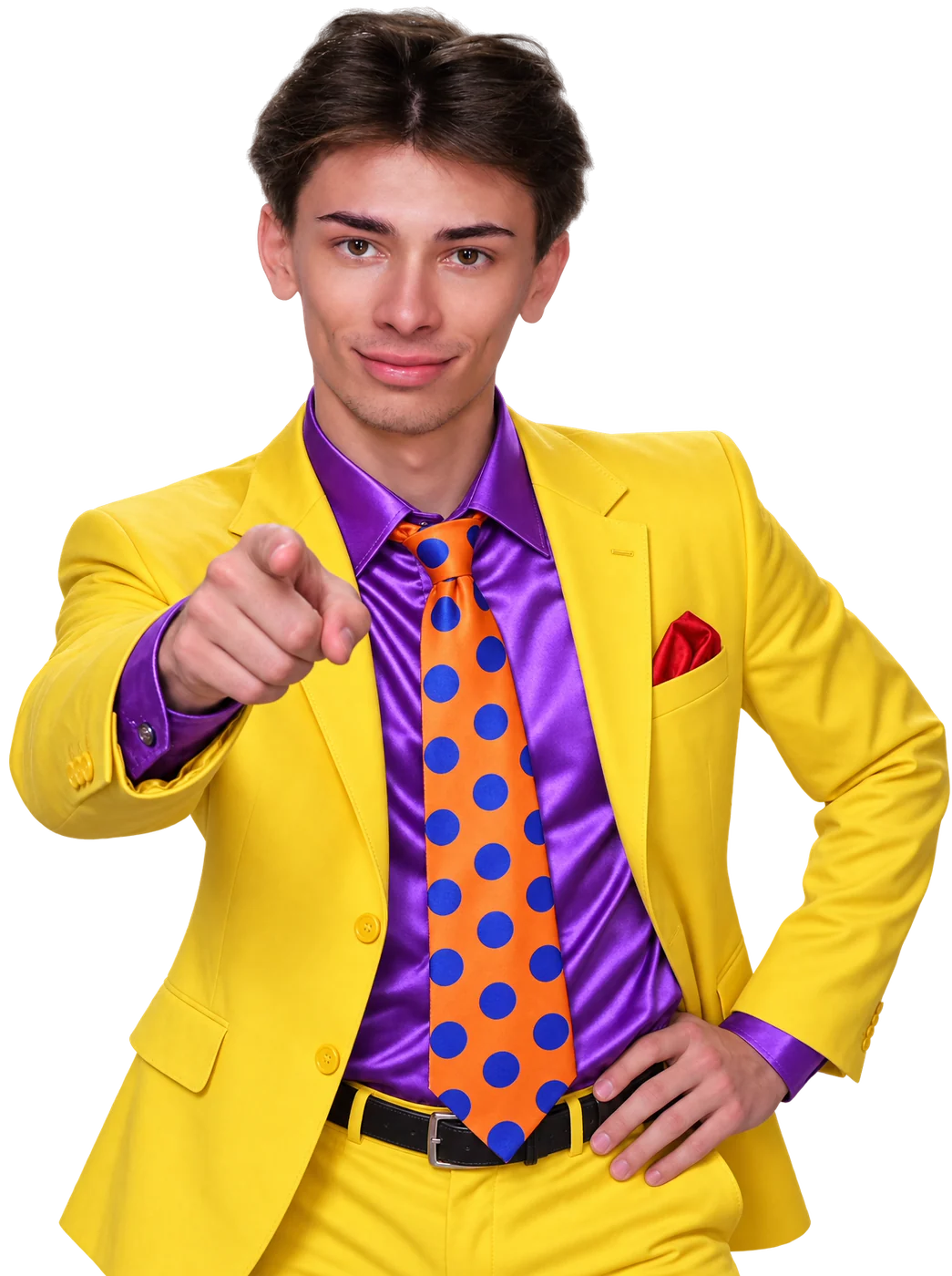Pekko in a yellow suit, pointing at you