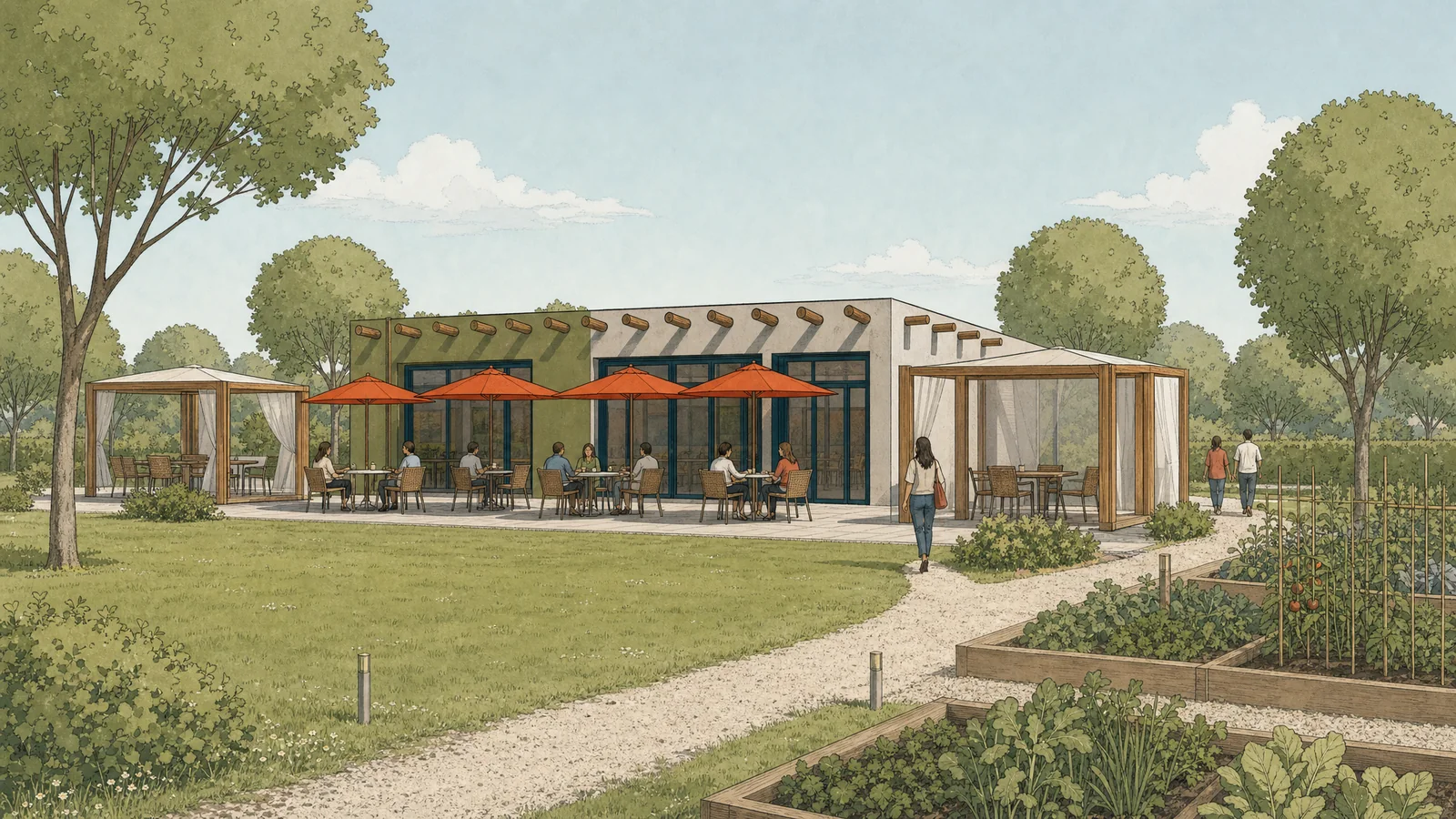 Illustrazione del bar-caffetteria visto dal prato: l’edificio a un piano verde oliva e grigio con le grandi vetrate e le travi di legno a vista, la terrazza con gli ombrelloni minio tra i due gazebo, le persone ai tavoli e l’orto a lato