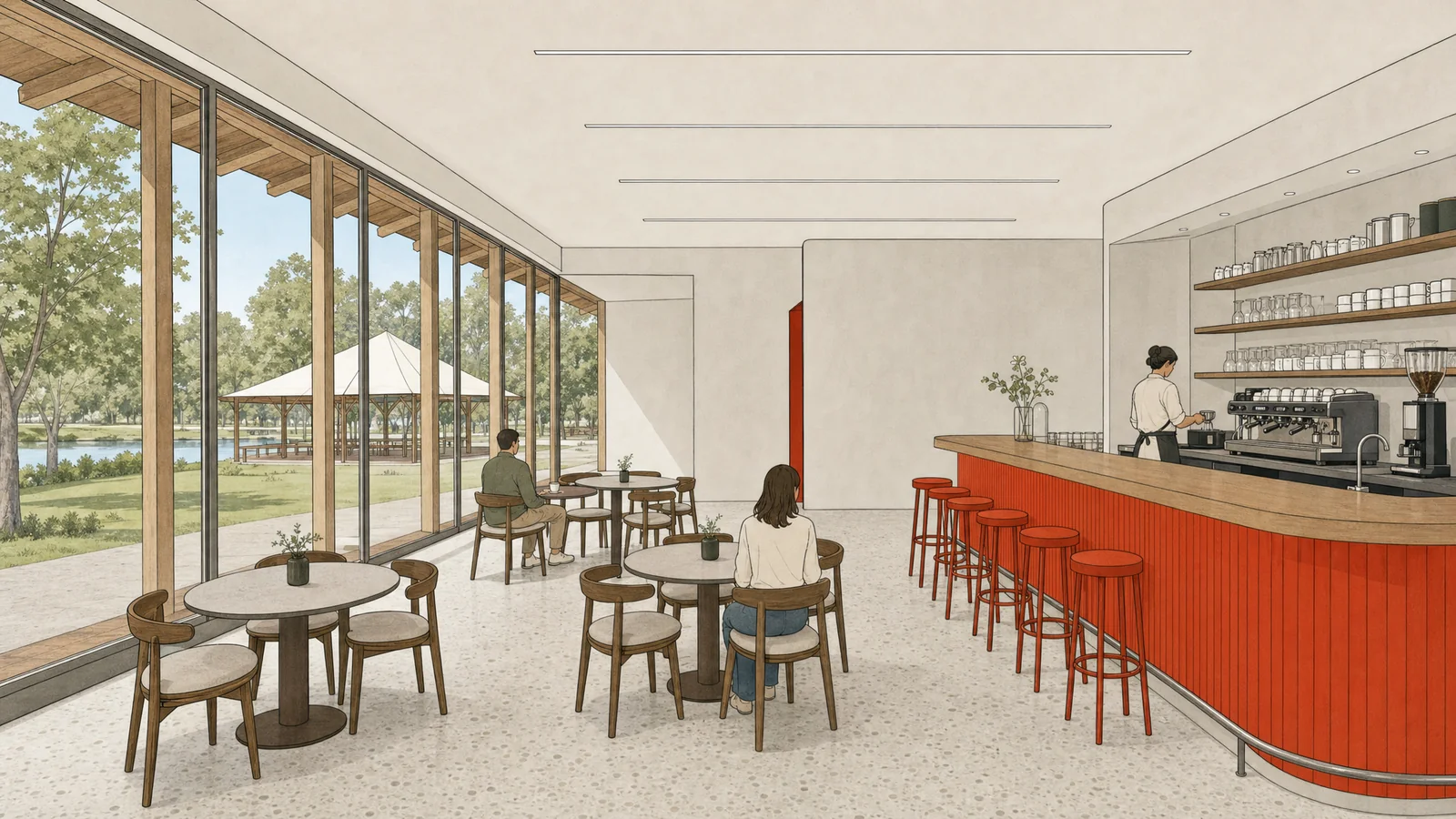 Illustrazione dell’interno della sala bar: il lungo bancone con il fronte minio e gli sgabelli, i tavolini, la parete di vetrate aperta sul parco con i gazebo e le teste delle travi di legno fuori