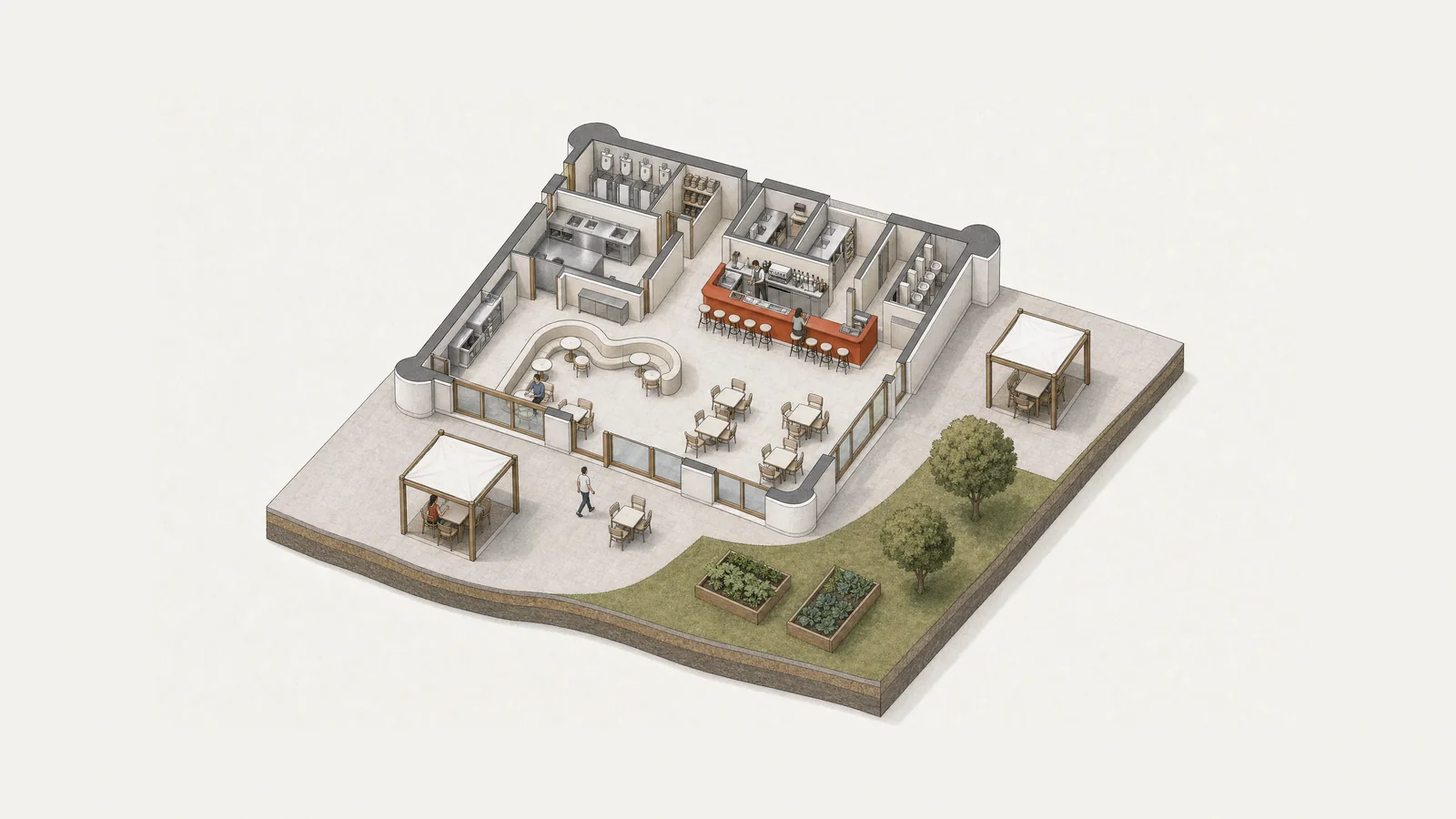 Illustrazione in assonometria del bar senza tetto, con i muri tagliati a metà altezza: la sala con il bancone minio e i tavoli, la cucina, il laboratorio, i due blocchi di servizi, e fuori la terrazza con i gazebo