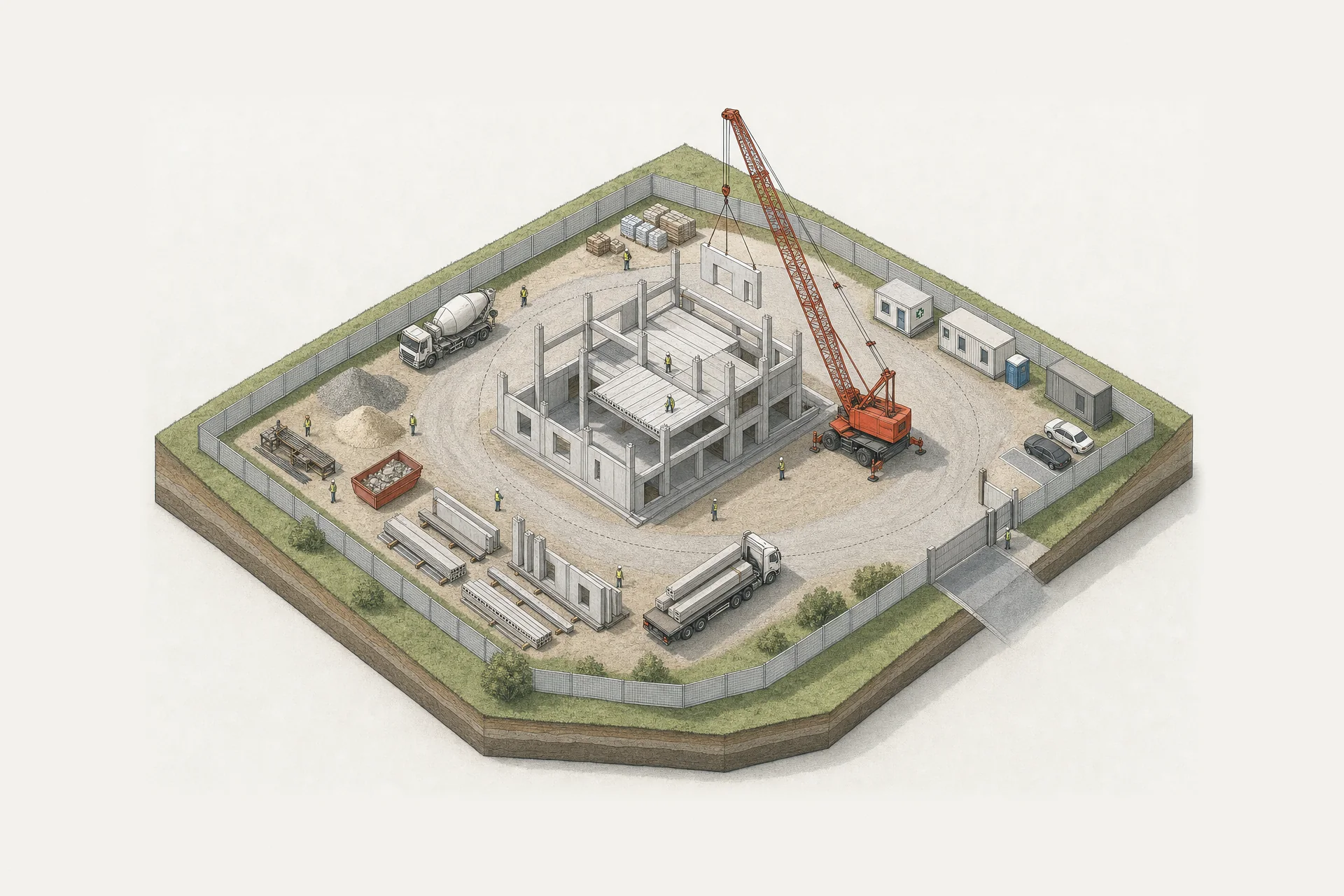 Illustrazione in assonometria di un cantiere con l’autogru in minio