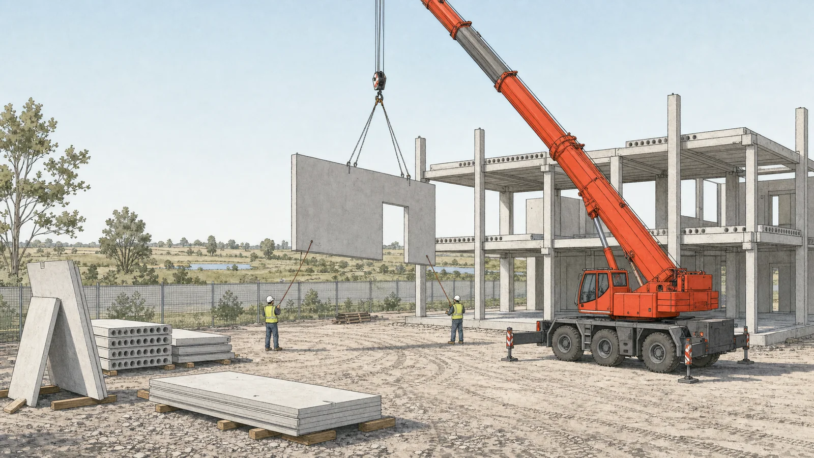 Illustrazione dentro il cantiere: l’autogru minio solleva un pannello prefabbricato di calcestruzzo guidato da due operai con il gilet ad alta visibilità, accanto a pilastri e travi già montati