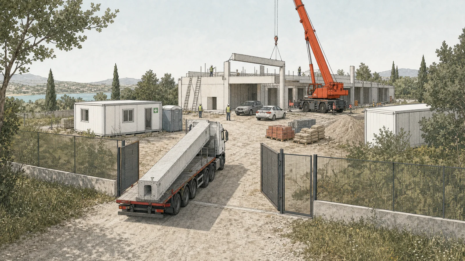 Illustrazione dell’ingresso carrabile del cantiere: un autoarticolato con una lunga trave prefabbricata passa dal cancello aperto nella recinzione; dentro le baracche, il bagno chimico, i bancali e, davanti all’edificio in costruzione, l’autogru minio che solleva una trave