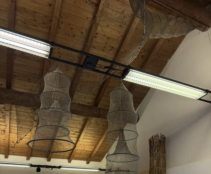 Le nasse per i pesci appese al soffitto di legno