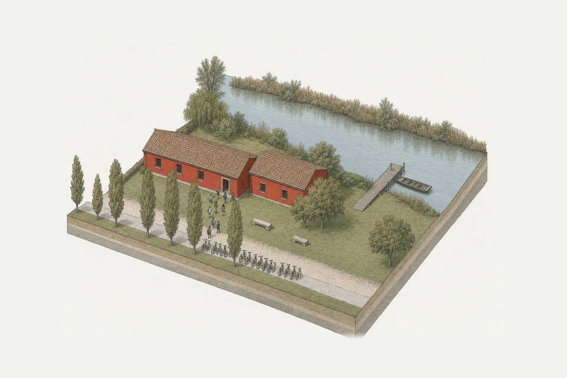 Illustrazione in assonometria del museo sul Mincio: gli edifici rurali rossi intorno al prato, il pontile di legno con la barca da pesca, il canneto sull’altra sponda e le biciclette della classe all’ingresso