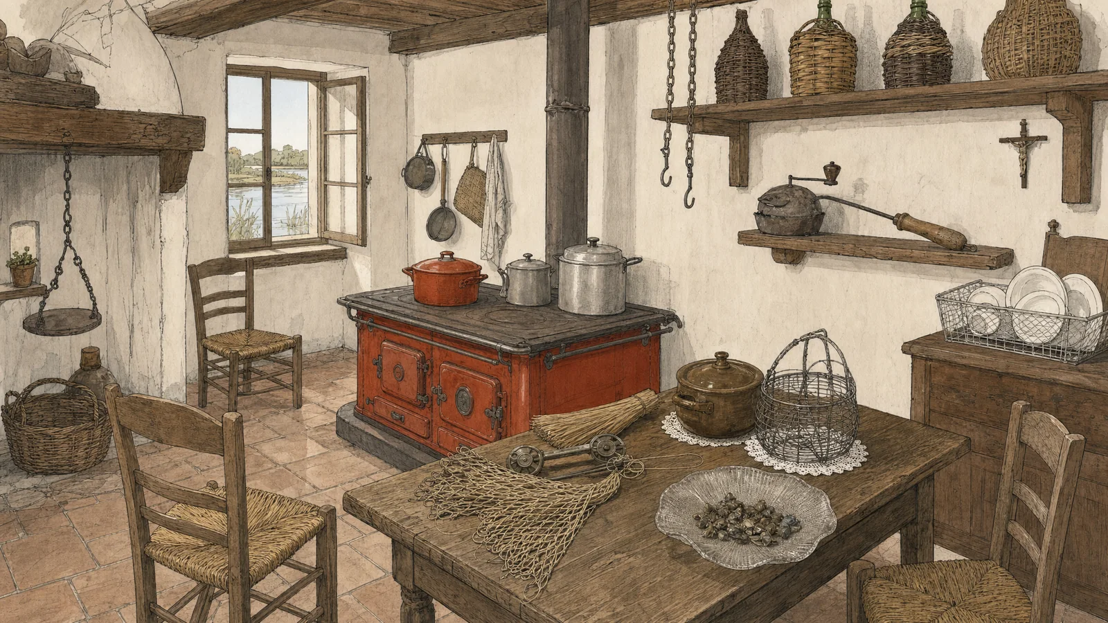 Illustrazione della cucina d’epoca ricostruita nel museo: la stufa in ghisa minio al centro, il tavolo con la rete e la pentola, le mensole con il tostacaffè, il macinino e i fiaschi impagliati