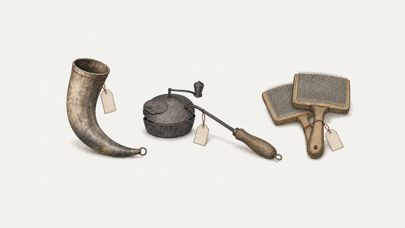 Illustrazione da catalogo dei tre oggetti descritti nella relazione: un grande corno con l’anello per appenderlo, un tostacaffè di inizio Novecento con il manico di legno e un cardatore per la lana, ciascuno con un cartellino legato da un filo minio