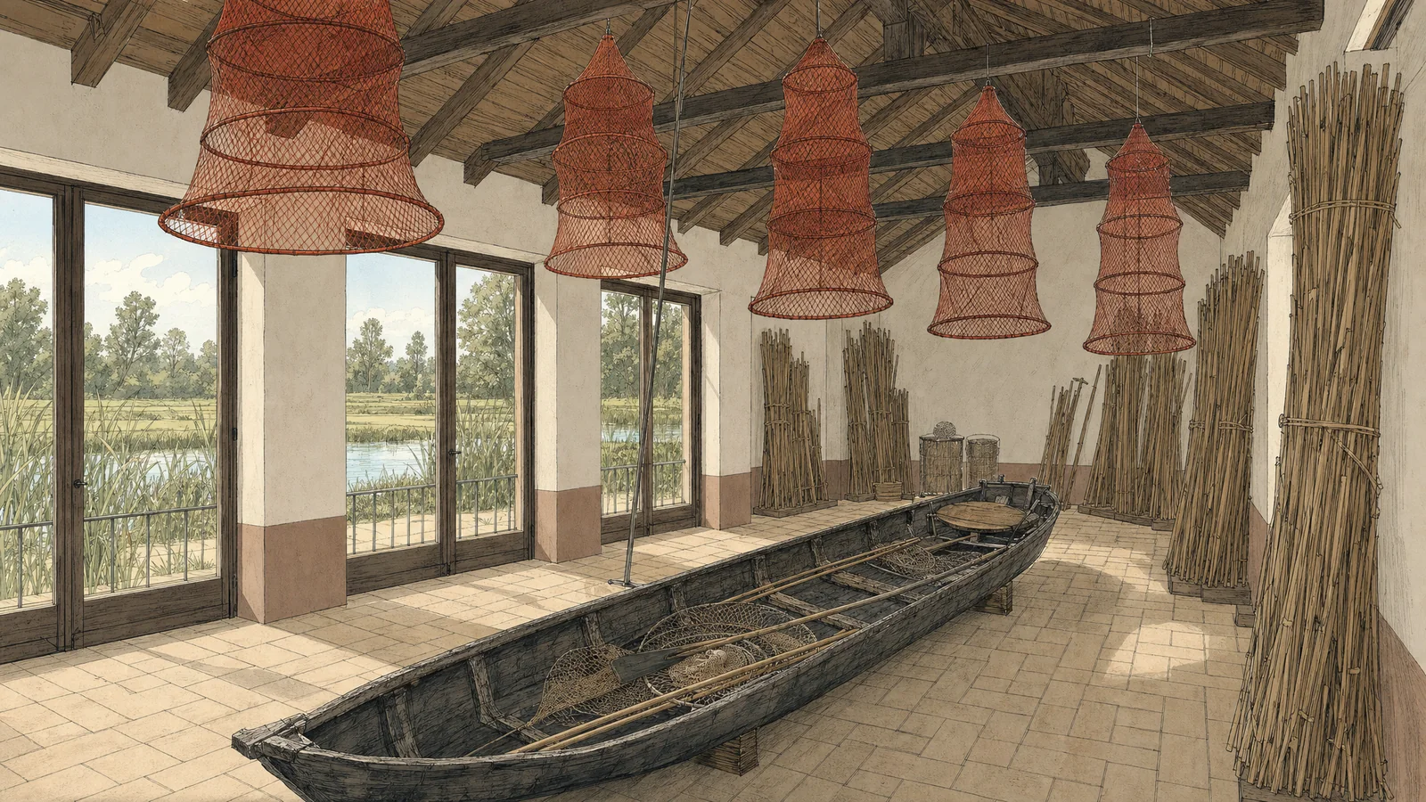 Illustrazione della sala della pesca del museo: la barca piatta e stretta di legno con remi, pertica e reti, le nasse con la rete minio appese alle travi del soffitto e le fascine di canna contro il muro