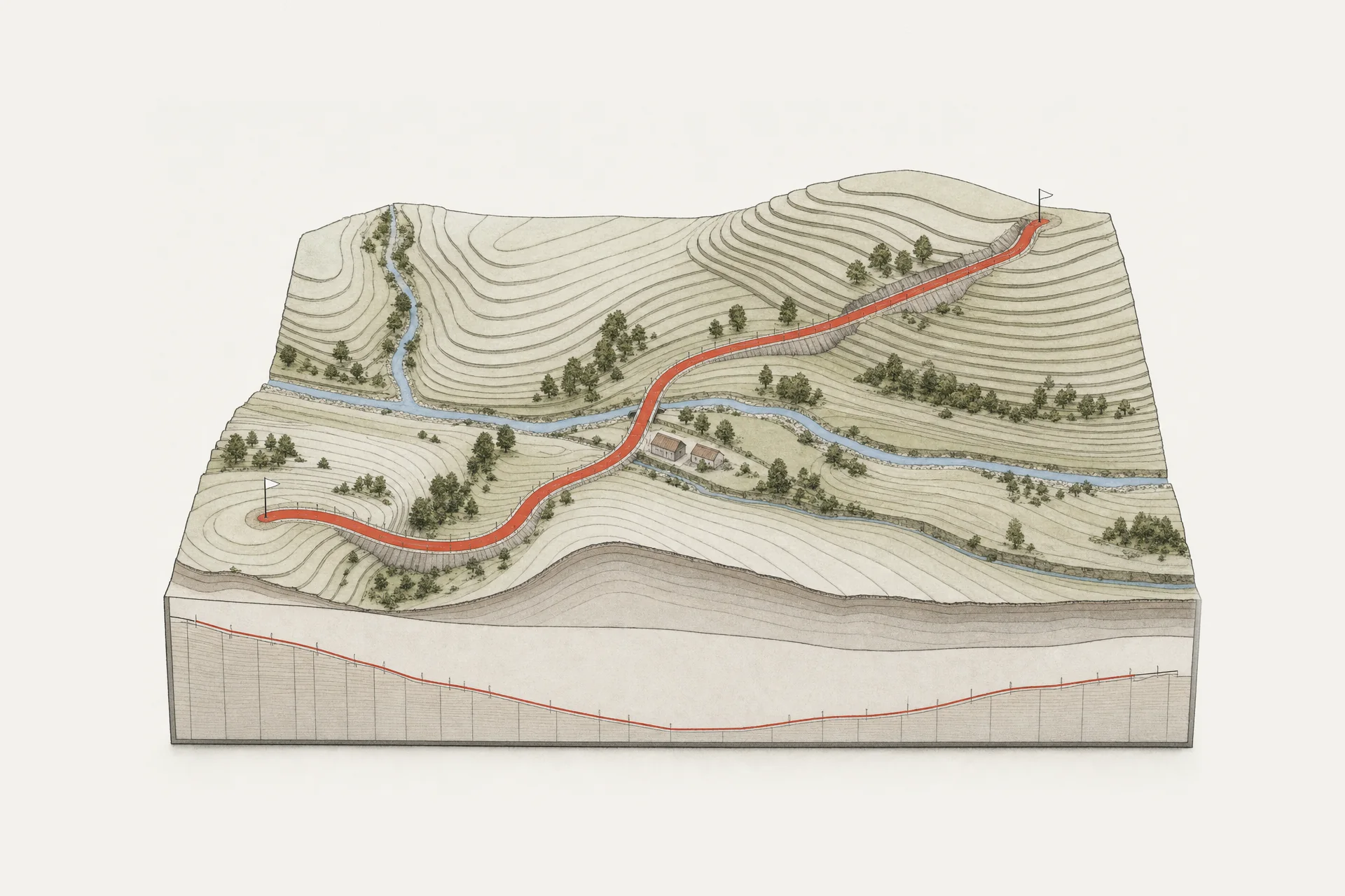 Illustrazione in assonometria: un blocco di collina a curve di livello con la strada di progetto in minio che scende nel fondovalle, attraversa il corso d’acqua e risale; sul fronte del blocco, il profilo longitudinale