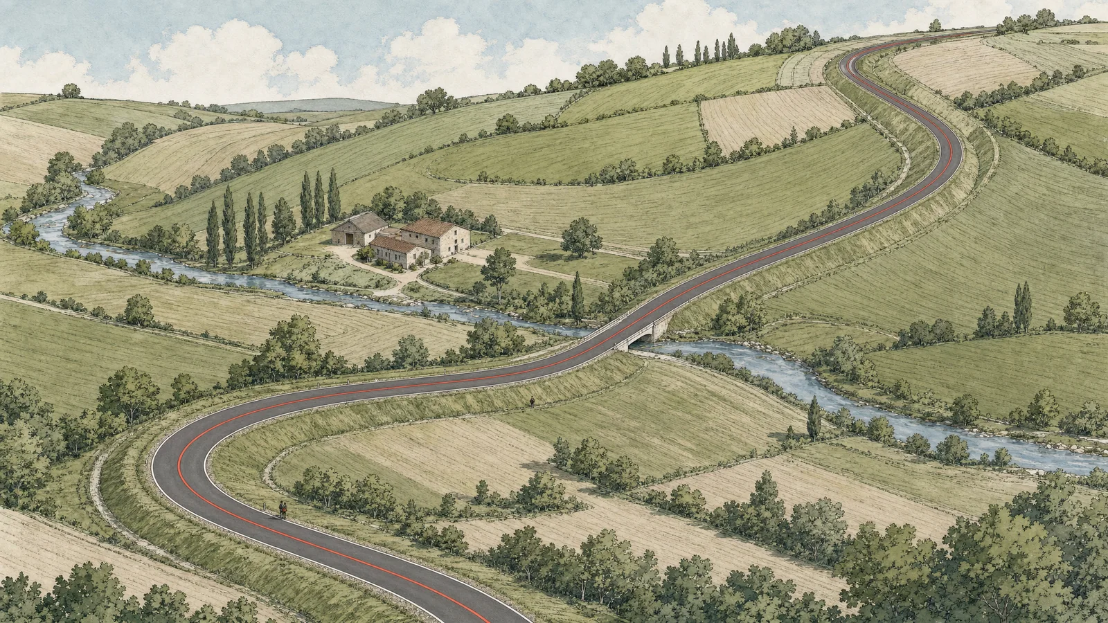 Illustrazione a volo d’uccello della strada finita: scende il versante con lunghi rettifili e curve, attraversa il torrente nel fondovalle su un piccolo ponte e risale il pendio opposto, con la linea di mezzeria in minio