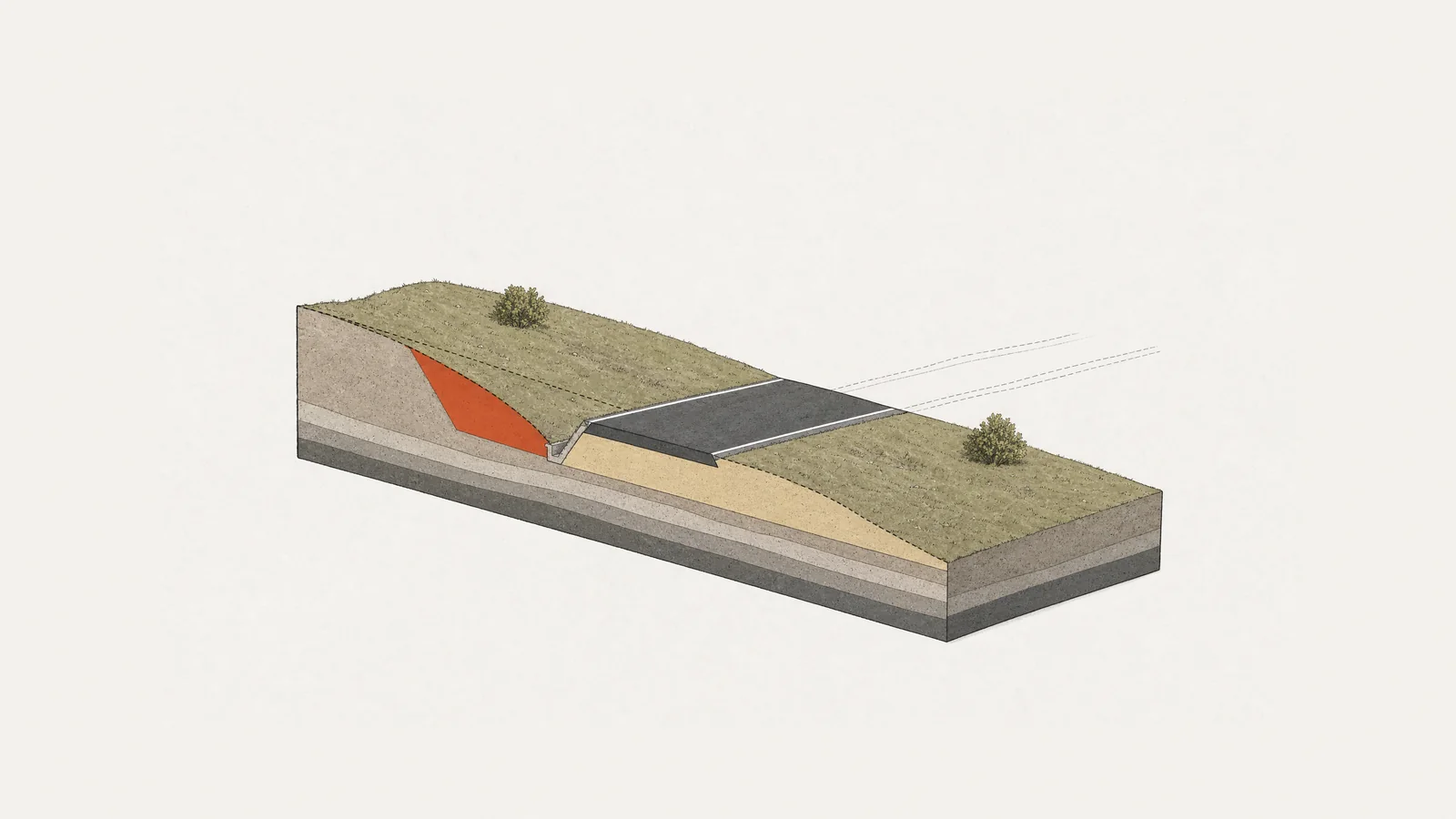 Illustrazione in assonometria di una fetta di collina tagliata di traverso alla strada: la piattaforma di 10 metri incassata nel pendio, la cunetta dal lato a monte, la scarpata a valle, con lo scavo in minio e il riporto in giallo sulla faccia tagliata