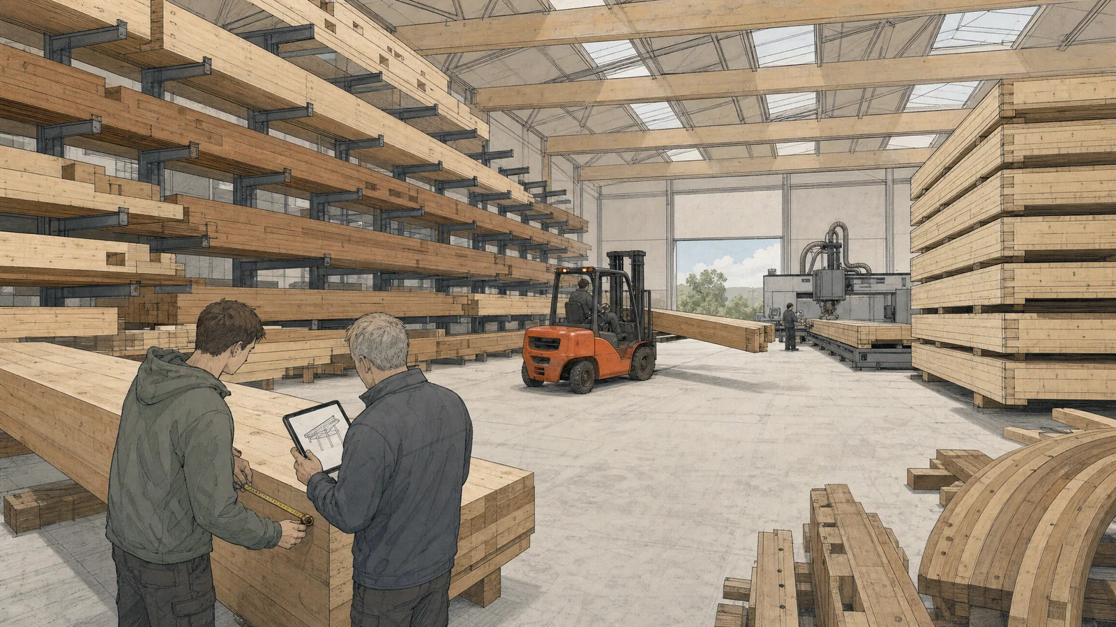Illustrazione dell’interno del magazzino di un’azienda del legno: cataste di travi lamellari e pannelli X-LAM, una macchina a controllo numerico sul fondo, un tirocinante e un tecnico che misurano la testa di una trave, un carrello elevatore minio