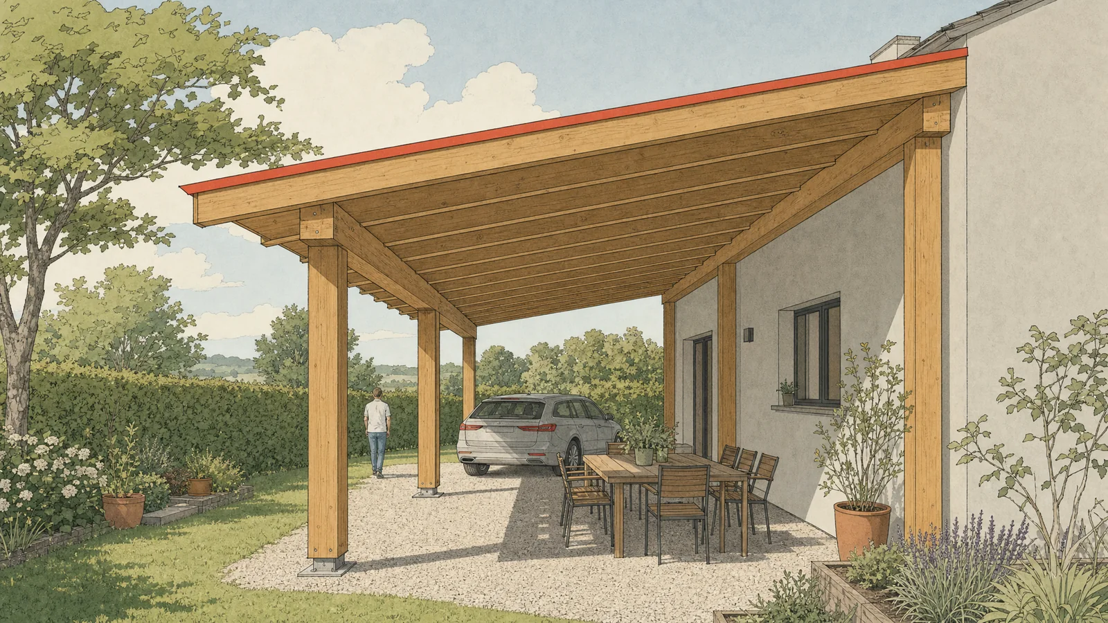 Illustrazione di una tettoia in legno lamellare addossata a una casa, vista dal giardino: pilastri e travetti color miele, il bordo della copertura in minio, sotto un’auto e un tavolo con le sedie