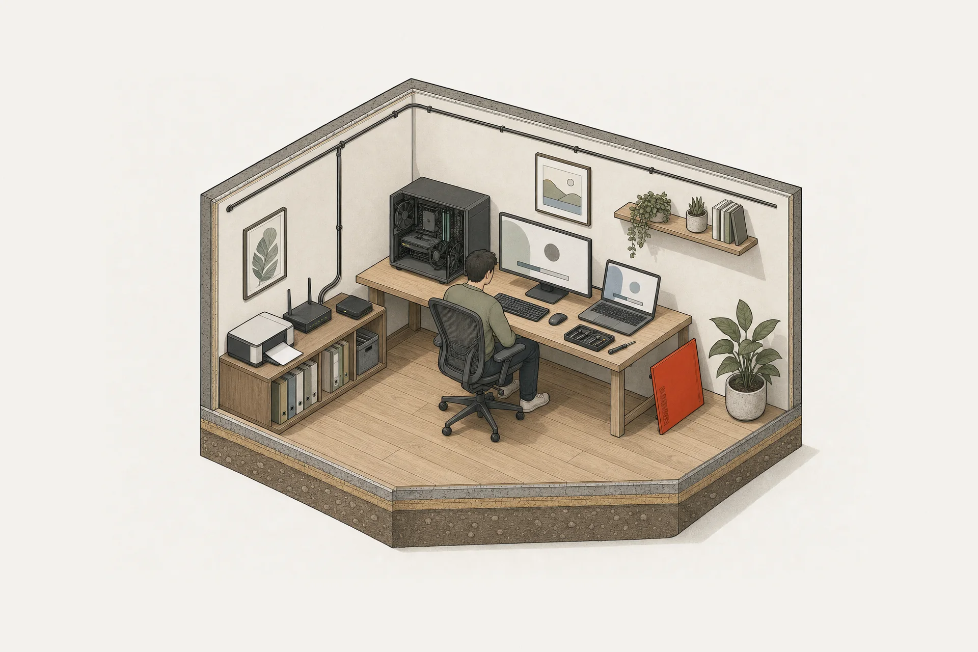 Illustrazione in assonometria di un piccolo studio in ordine: una persona alla scrivania con monitor e portatile, accanto il computer fisso aperto e il suo pannello laterale in minio appoggiato alla gamba del tavolo; sul mobile basso la stampante, il router, il disco esterno e i raccoglitori