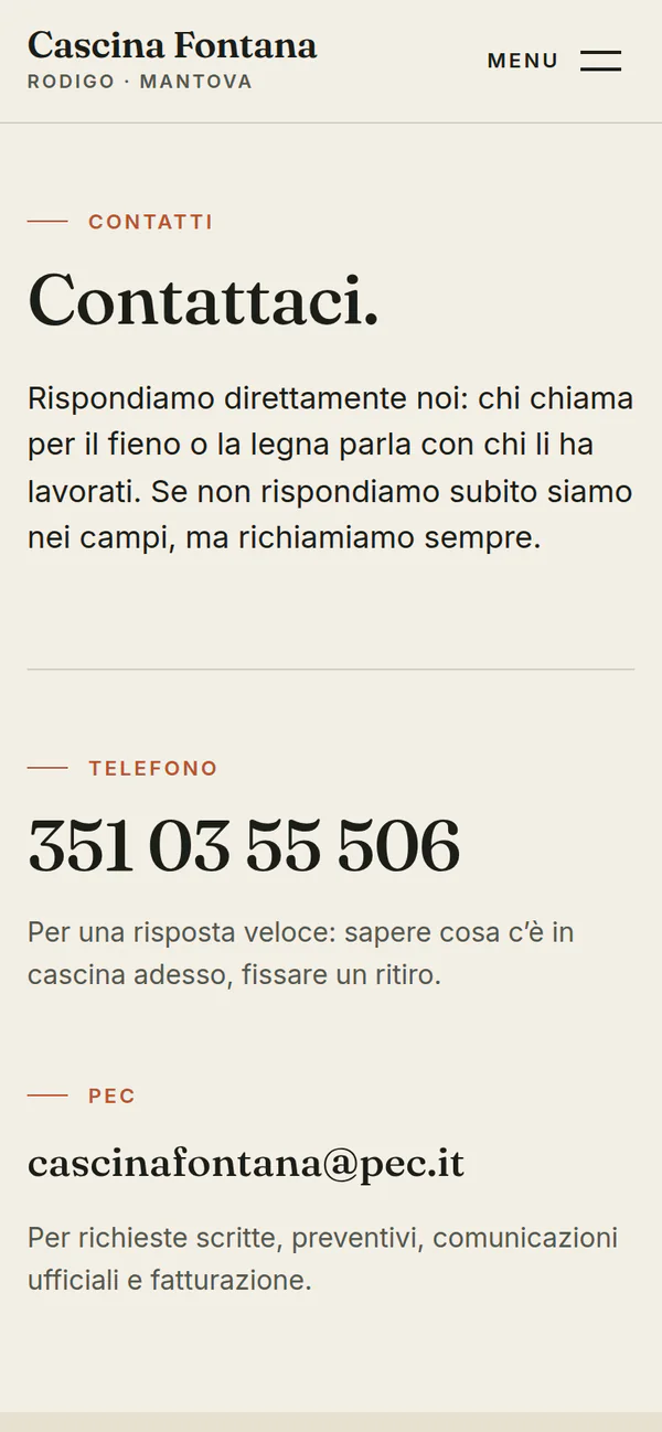La pagina Contatti di cascinafontana.xyz su smartphone: il numero di telefono e la PEC, senza indirizzo né modulo