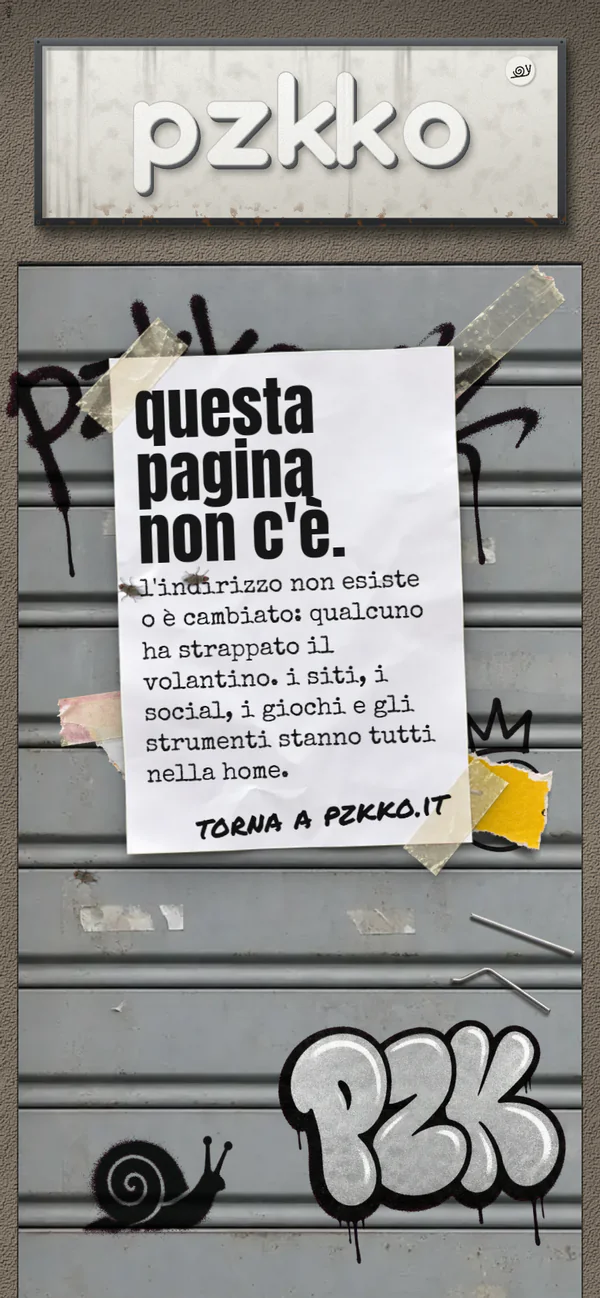 La pagina 404 di pzkko.it su smartphone: i resti di un volantino strappato e il foglio che rimanda alla home