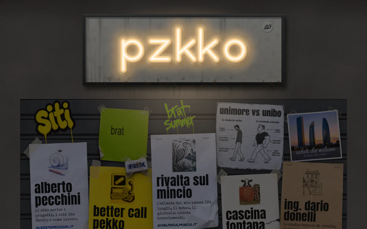 La saracinesca di pzkko.it di notte: il muro imbrunito, l’insegna al neon accesa e i volantini dei siti
