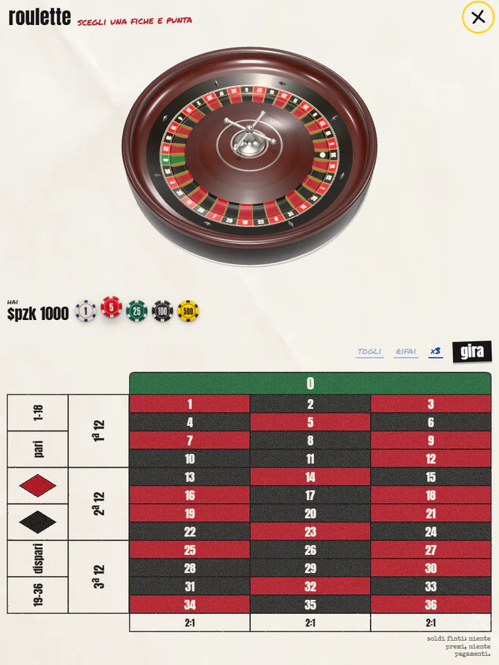 La roulette di pzkko.it: la ruota in 3D, le fiches e il tavolo stampato sul foglio