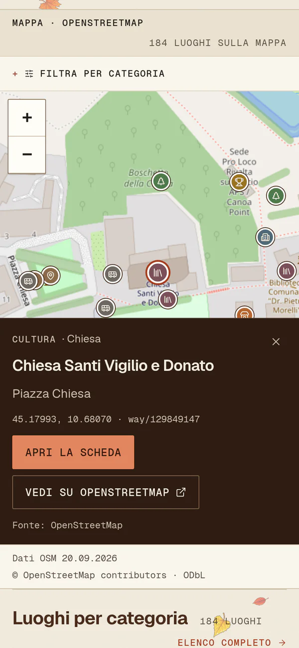 La mappa di rivaltasulmincio.it su smartphone, con la scheda del luogo aperta dal basso